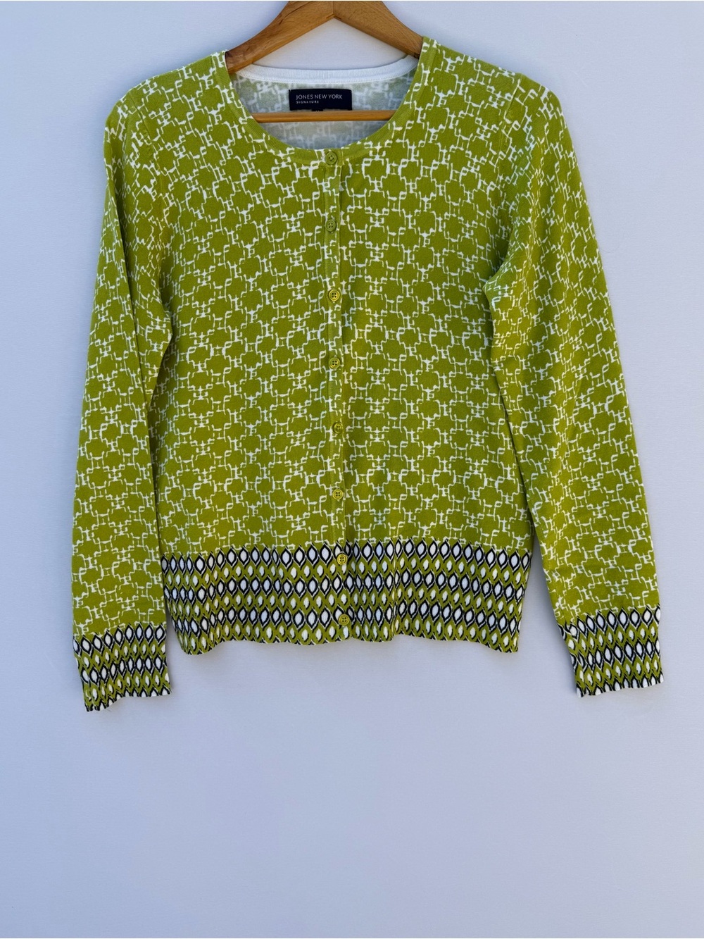 Jones New York Signature Lime Green Geometric Print Button Up Cardigan, M, NWOT